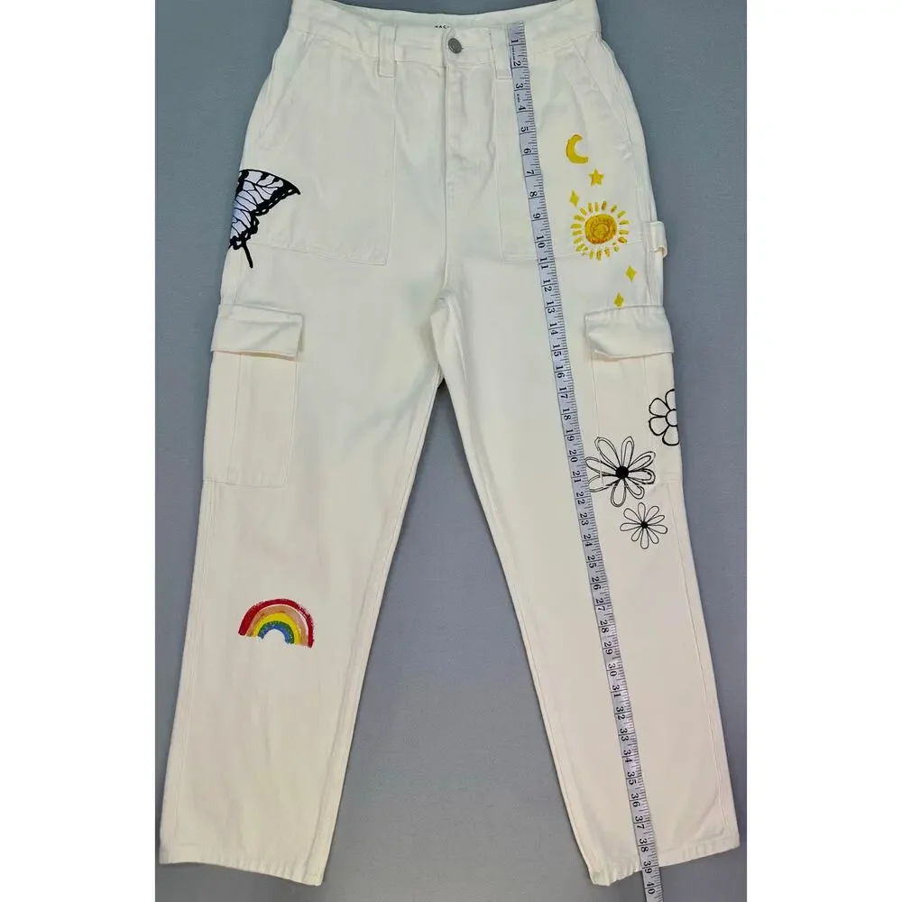 PacSun Sketchbook High Rise Carpenter Cargo Jeans Cream Graphic Doodle Size 27 - Picture 9 of 12